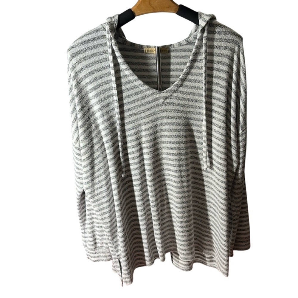 Mesh + Lace V Neck, Long Sleeve Hoodie, Gray and White Stripe, Size Large